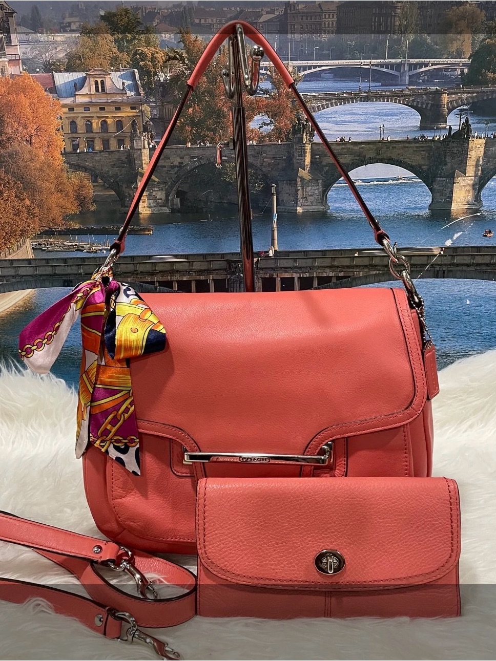 Coral Crossbody Shoulder Bag With Matching Wallet And Scarf